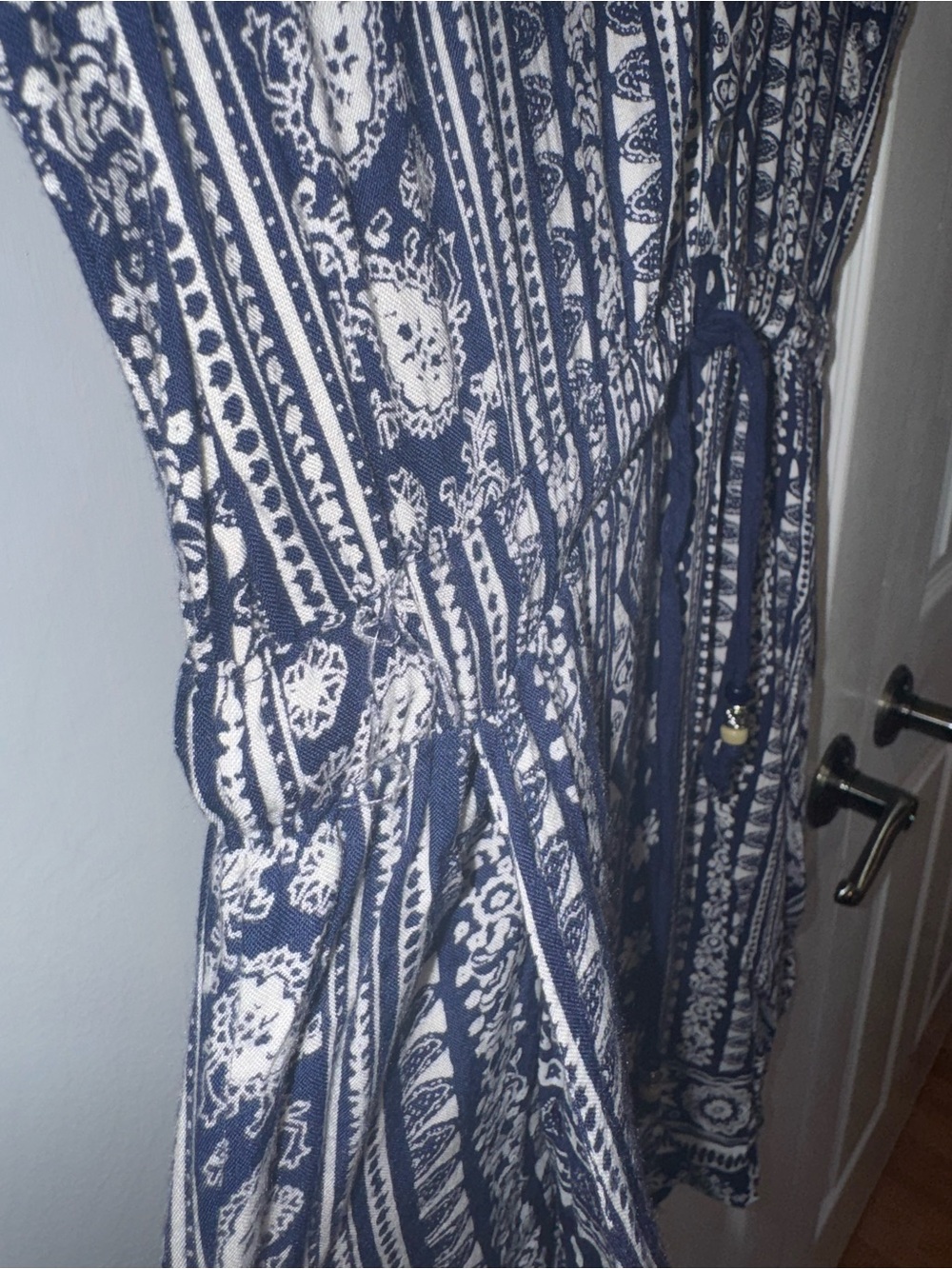 Angie Navy and White Boho Print Drawstring Mini Dress - Picture 4 of 4